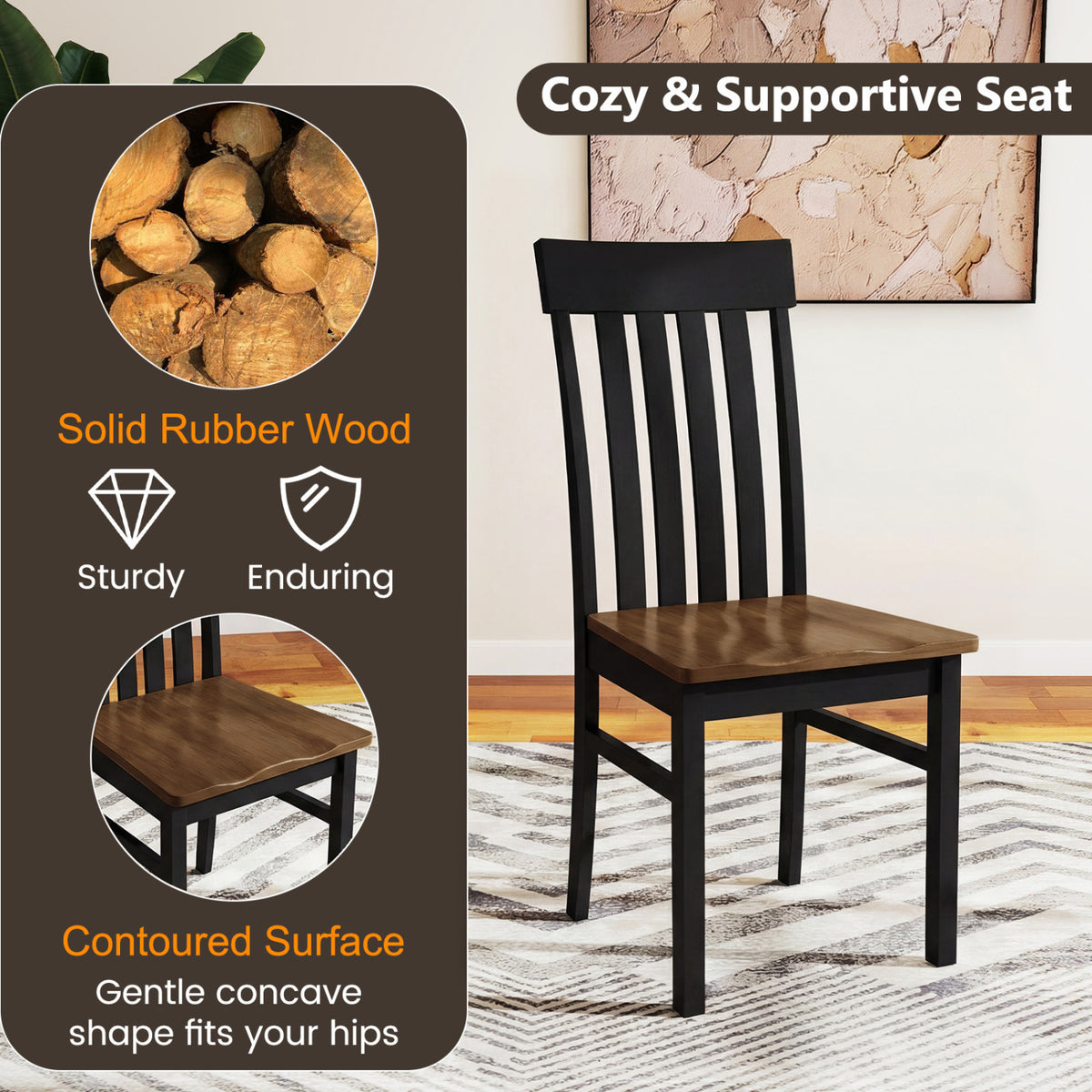 Set of 2 Kitchen Armless Dining Chairs with Slatted High Backrests-Black