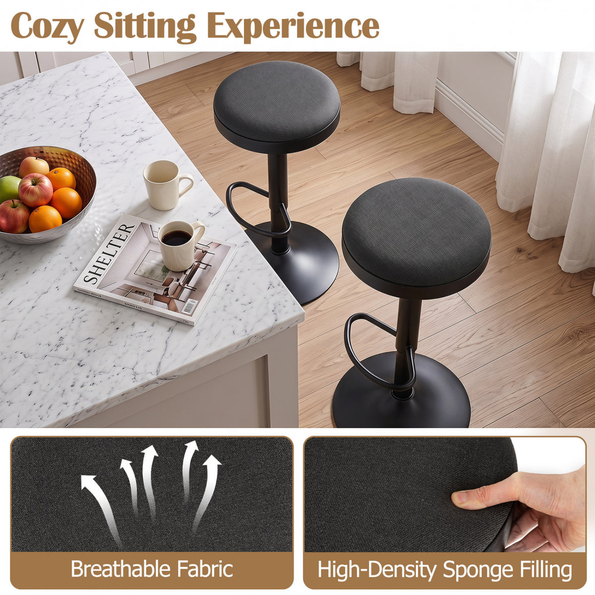 Set of 2 Kitchen Bar Stools with Height Adjustment Padded Seat and D-Shaped Footrest-Black