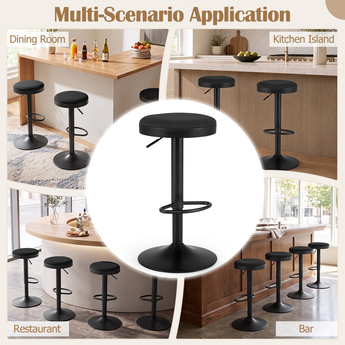 Set of 2 Kitchen Bar Stools with Height Adjustment Padded Seat and D-Shaped Footrest-Black