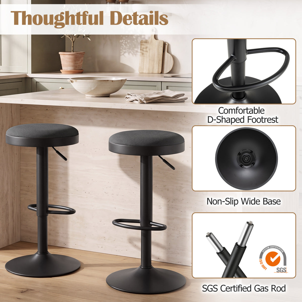 Set of 2 Kitchen Bar Stools with Height Adjustment Padded Seat and D-Shaped Footrest-Black