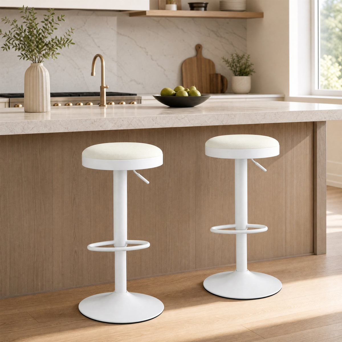 Set of 2 Kitchen Bar Stools with Height Adjustment Padded Seat and D-Shaped Footrest-White