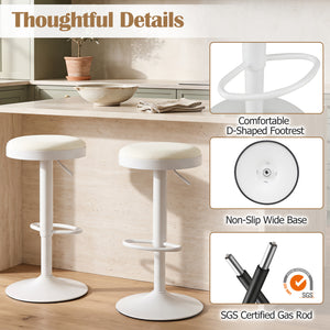 Set of 2 Kitchen Bar Stools with Height Adjustment Padded Seat and D-Shaped Footrest-White