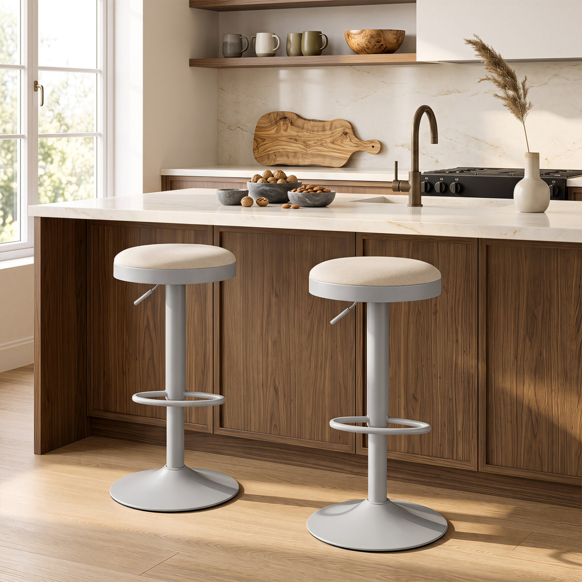 Set of 2 Kitchen Bar Stools with Height Adjustment Padded Seat and D-Shaped Footrest-Gray