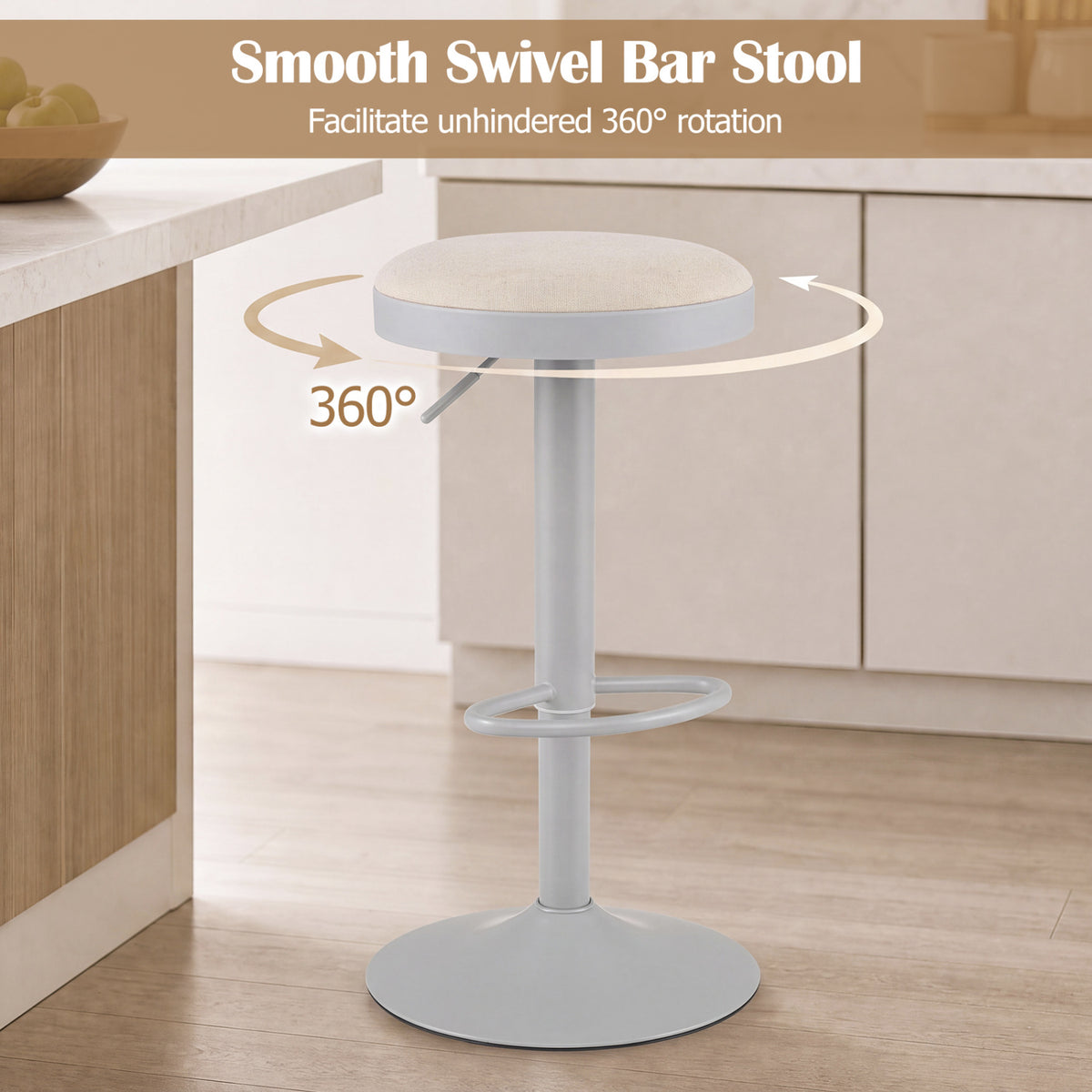 Set of 2 Kitchen Bar Stools with Height Adjustment Padded Seat and D-Shaped Footrest-Gray