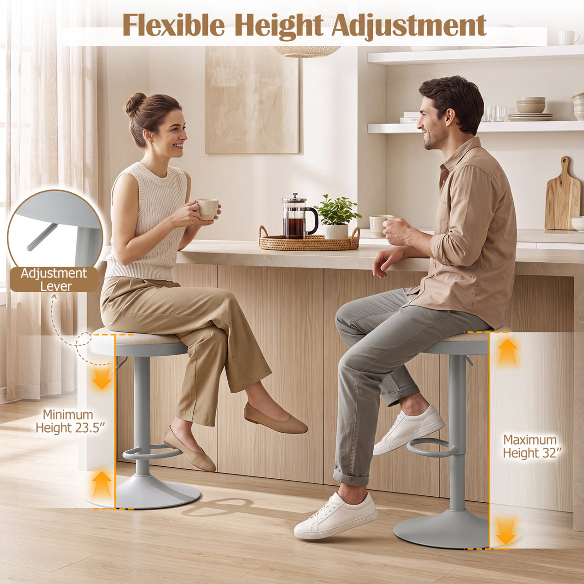 Set of 2 Kitchen Bar Stools with Height Adjustment Padded Seat and D-Shaped Footrest-Gray