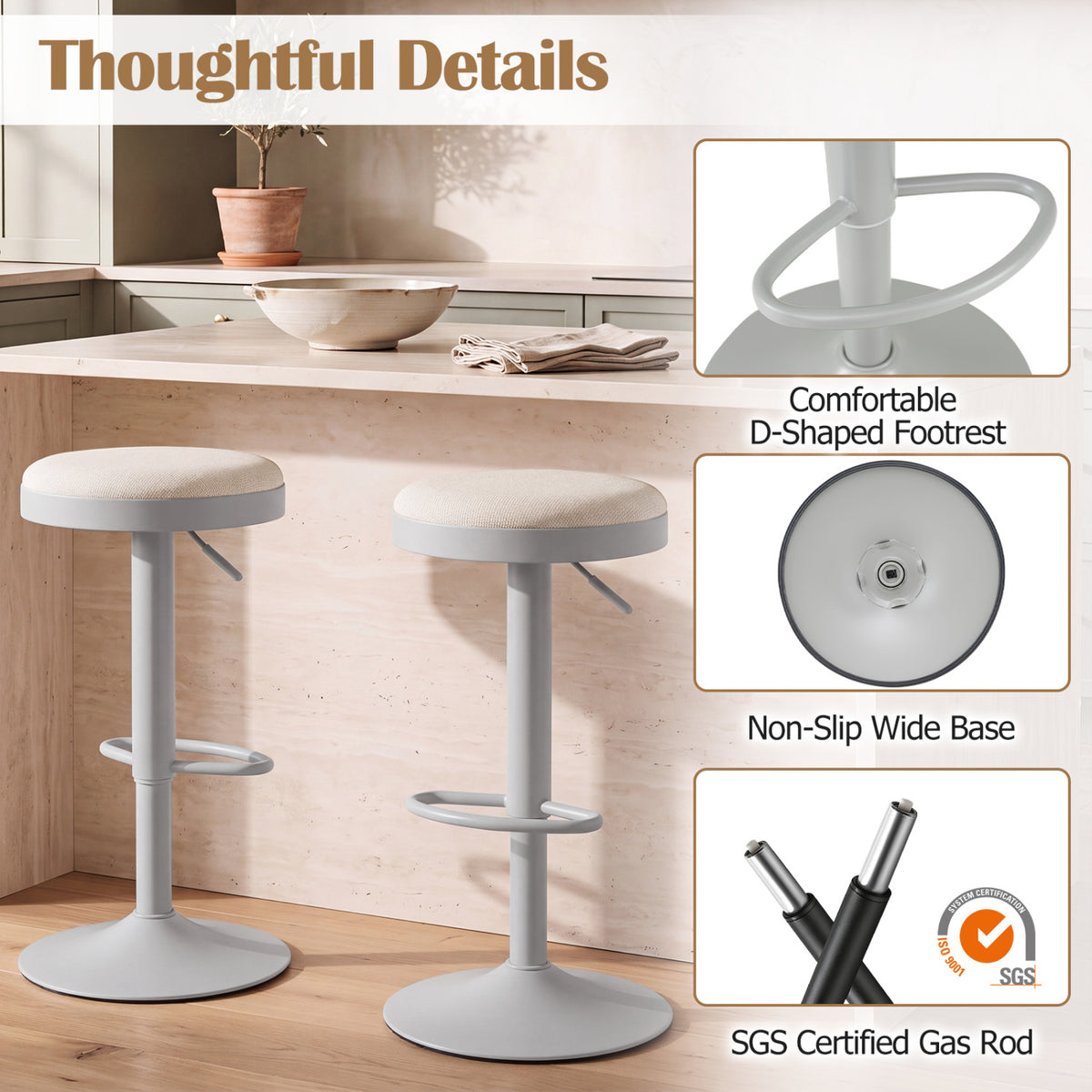Set of 2 Kitchen Bar Stools with Height Adjustment Padded Seat and D-Shaped Footrest-Gray