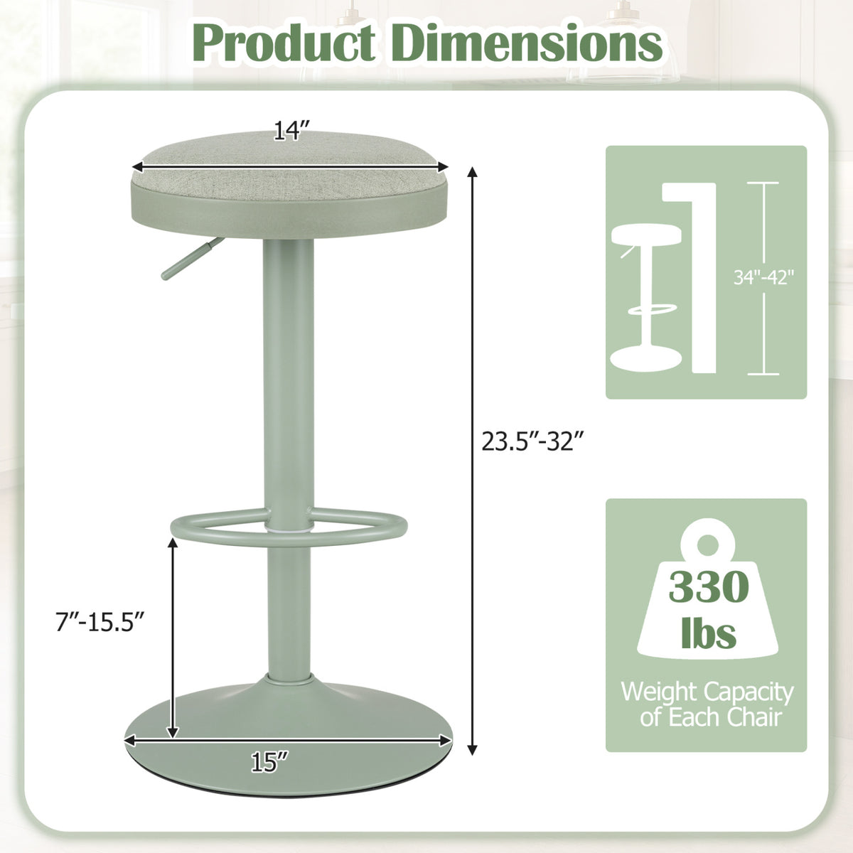 Set of 2 Kitchen Bar Stools with Height Adjustment Padded Seat and D-Shaped Footrest-Green