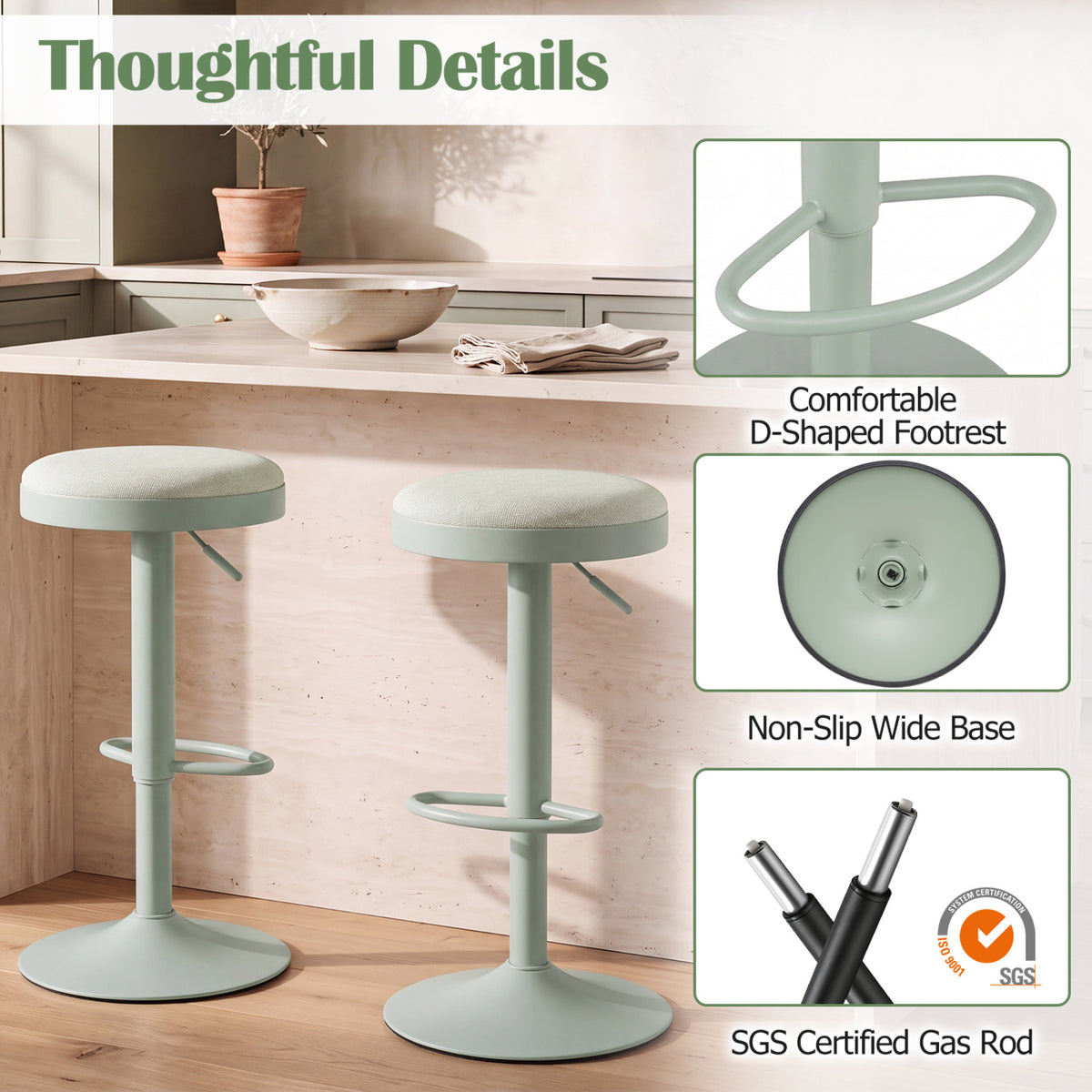 Set of 2 Kitchen Bar Stools with Height Adjustment Padded Seat and D-Shaped Footrest-Green