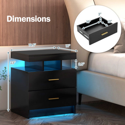 LED Nightstand with 2 Storage Drawers for Bedroom-Black