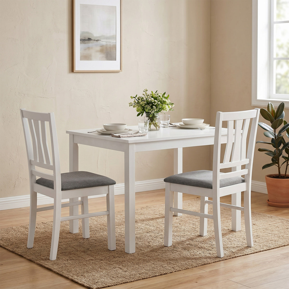 Set of 2 Linen Style Upholstered Kitchen Chairs with Wood Frames-White