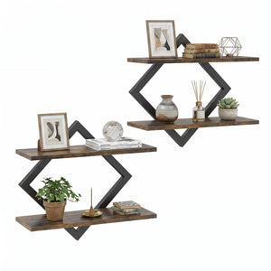 Set of 2 Metal Floating Shelves for Wall with Geometric Frame-Rustic Brown