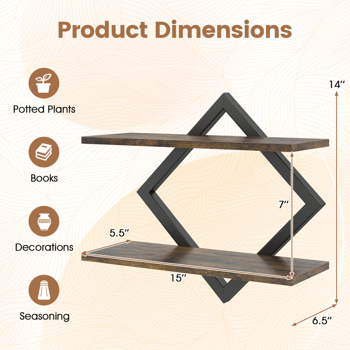 Set of 2 Metal Floating Shelves for Wall with Geometric Frame-Rustic Brown