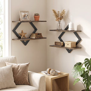 Set of 2 Metal Floating Shelves for Wall with Geometric Frame-Rustic Brown