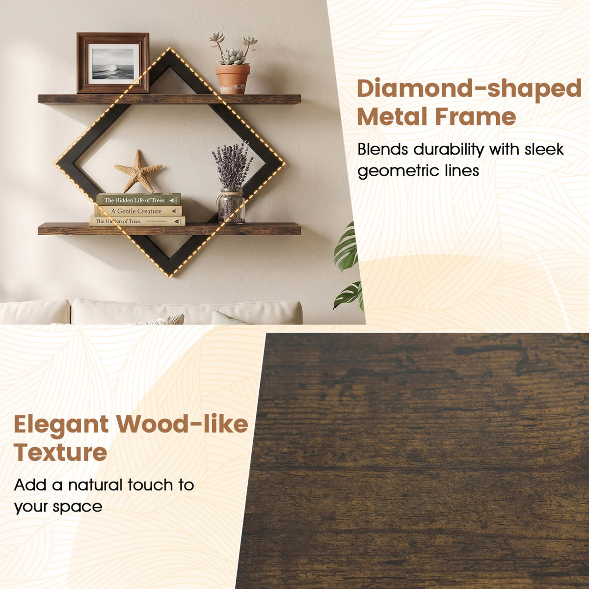 Set of 2 Metal Floating Shelves for Wall with Geometric Frame-Rustic Brown