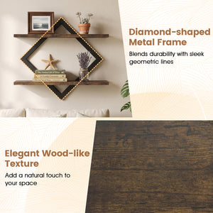 Set of 2 Metal Floating Shelves for Wall with Geometric Frame-Rustic Brown