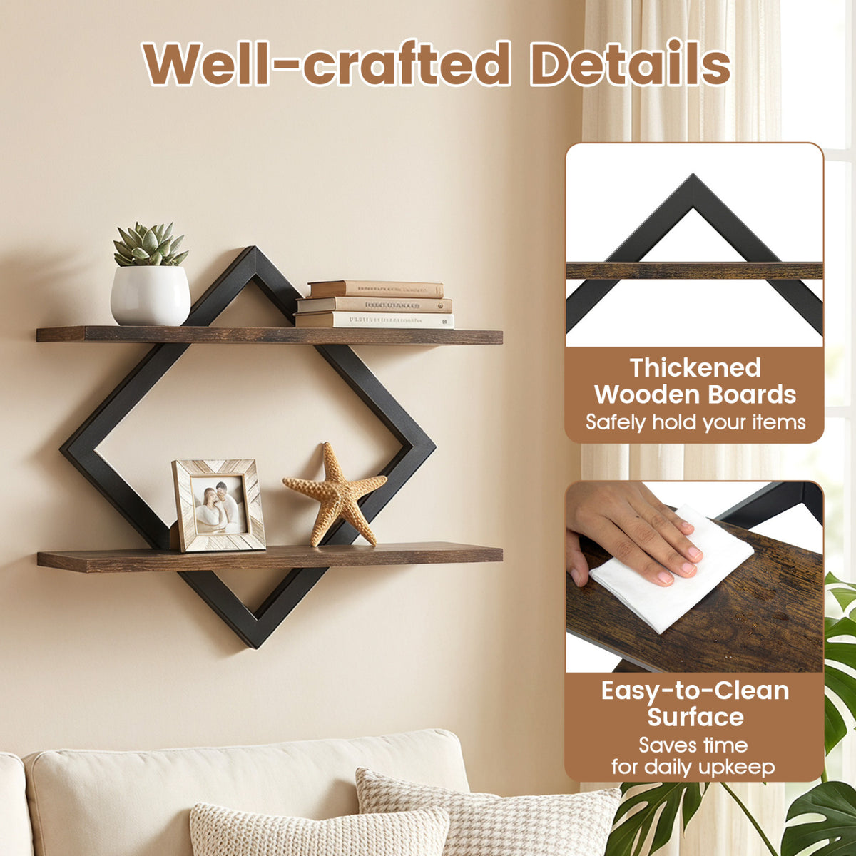 Set of 2 Metal Floating Shelves for Wall with Geometric Frame-Rustic Brown