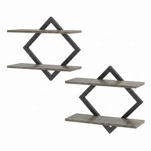 Set of 2 Metal Floating Shelves for Wall with Geometric Frame-Gray Oak