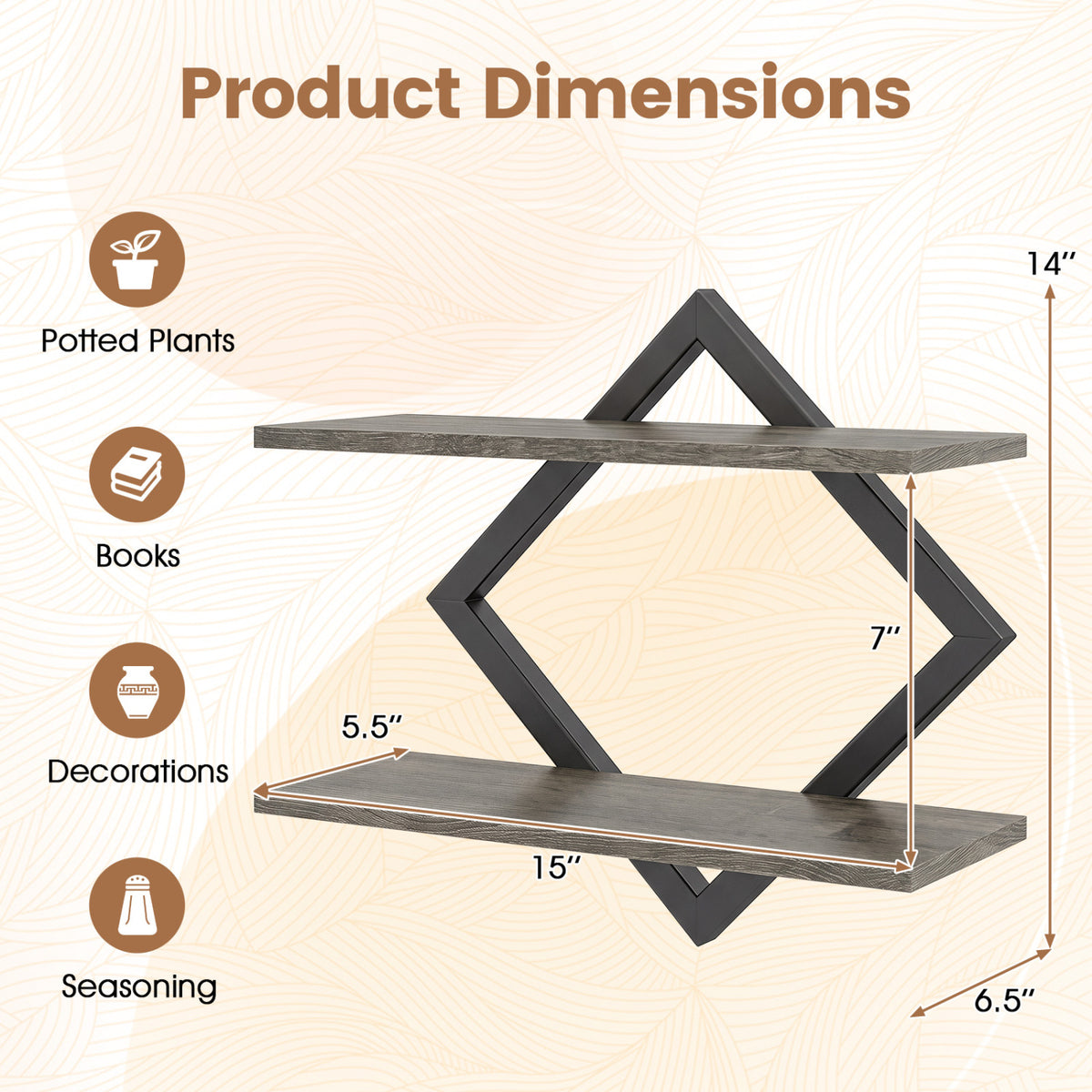 Set of 2 Metal Floating Shelves for Wall with Geometric Frame-Gray Oak