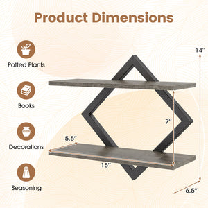 Set of 2 Metal Floating Shelves for Wall with Geometric Frame-Gray Oak