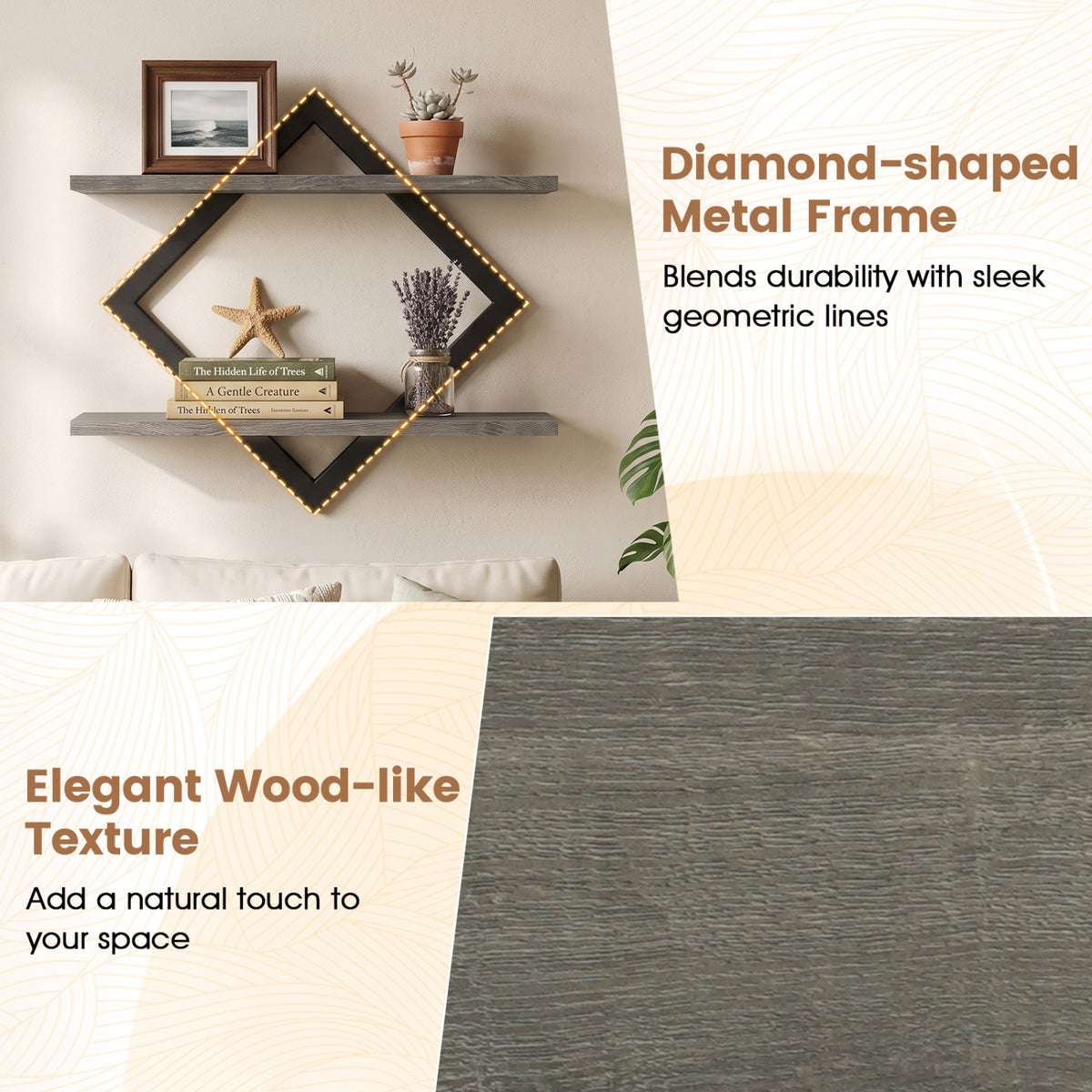 Set of 2 Metal Floating Shelves for Wall with Geometric Frame-Gray Oak