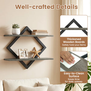 Set of 2 Metal Floating Shelves for Wall with Geometric Frame-Gray Oak