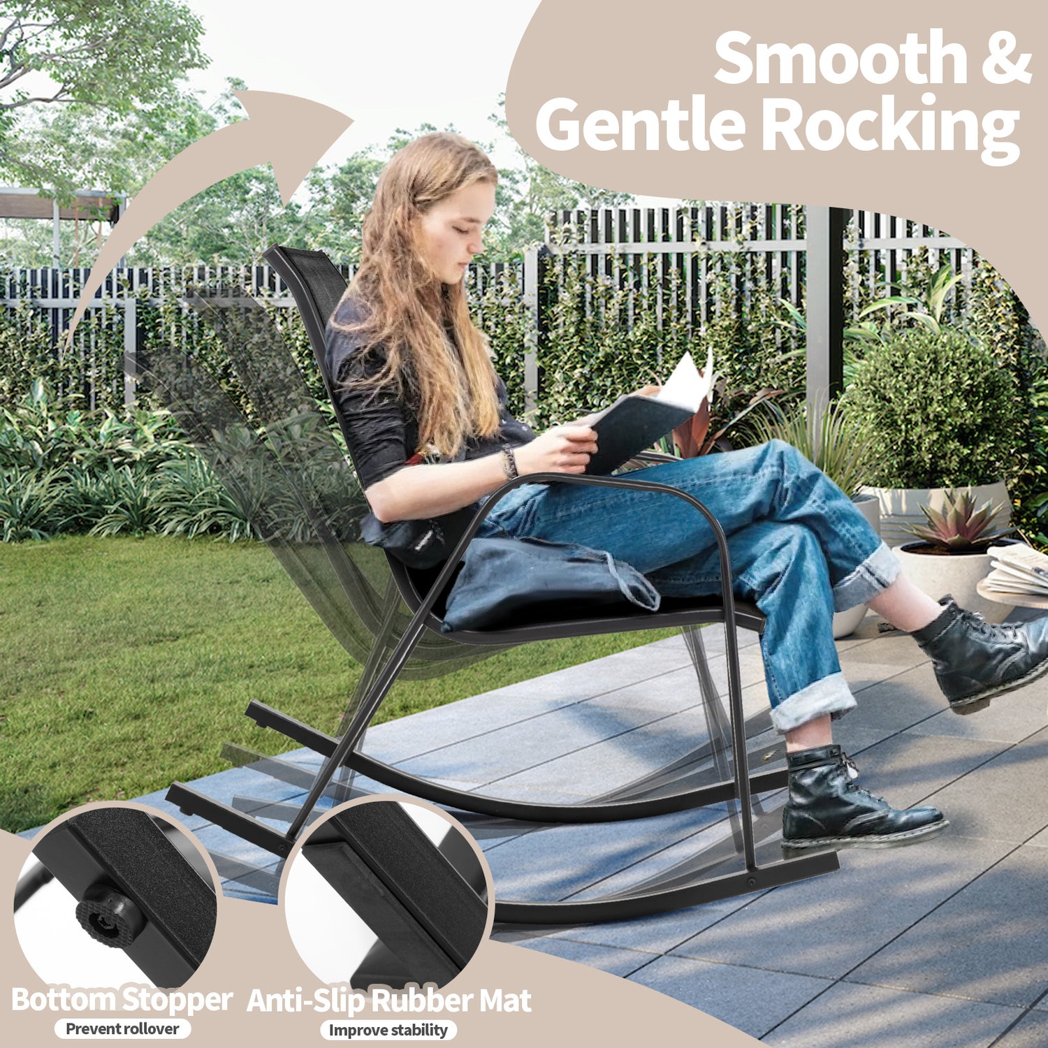 Set of 2 Metal Patio Rocking Chair with Breathable Seat Fabric-Black