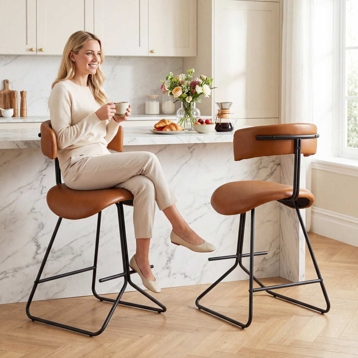 Set of 2 Modern Counter Height Stools 25 Inch Faux Leather Upholstered-Espresso