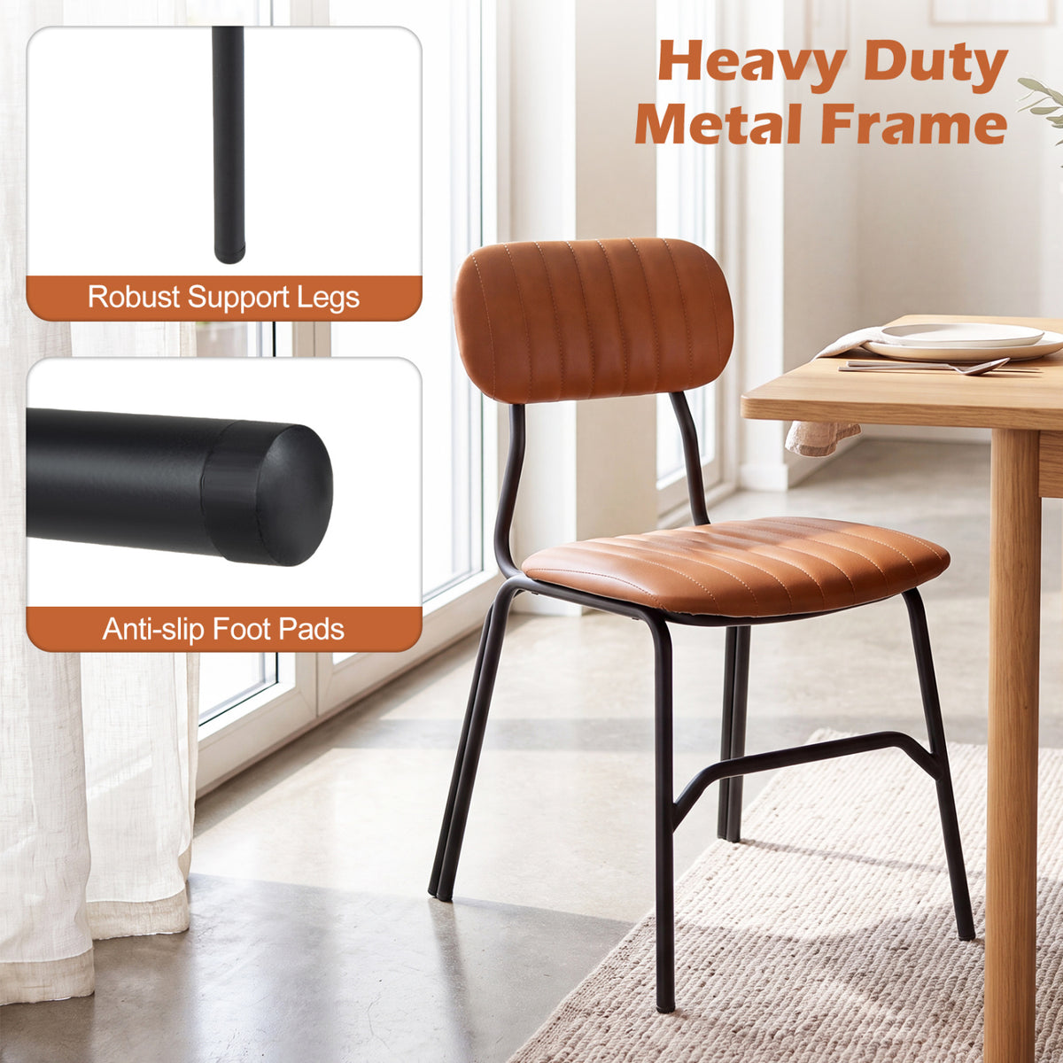 Set of 2 Modern Dining Chairs with Ergonomic Back Metal Legs Exquisite Rivet and Embellished Edges-Brown