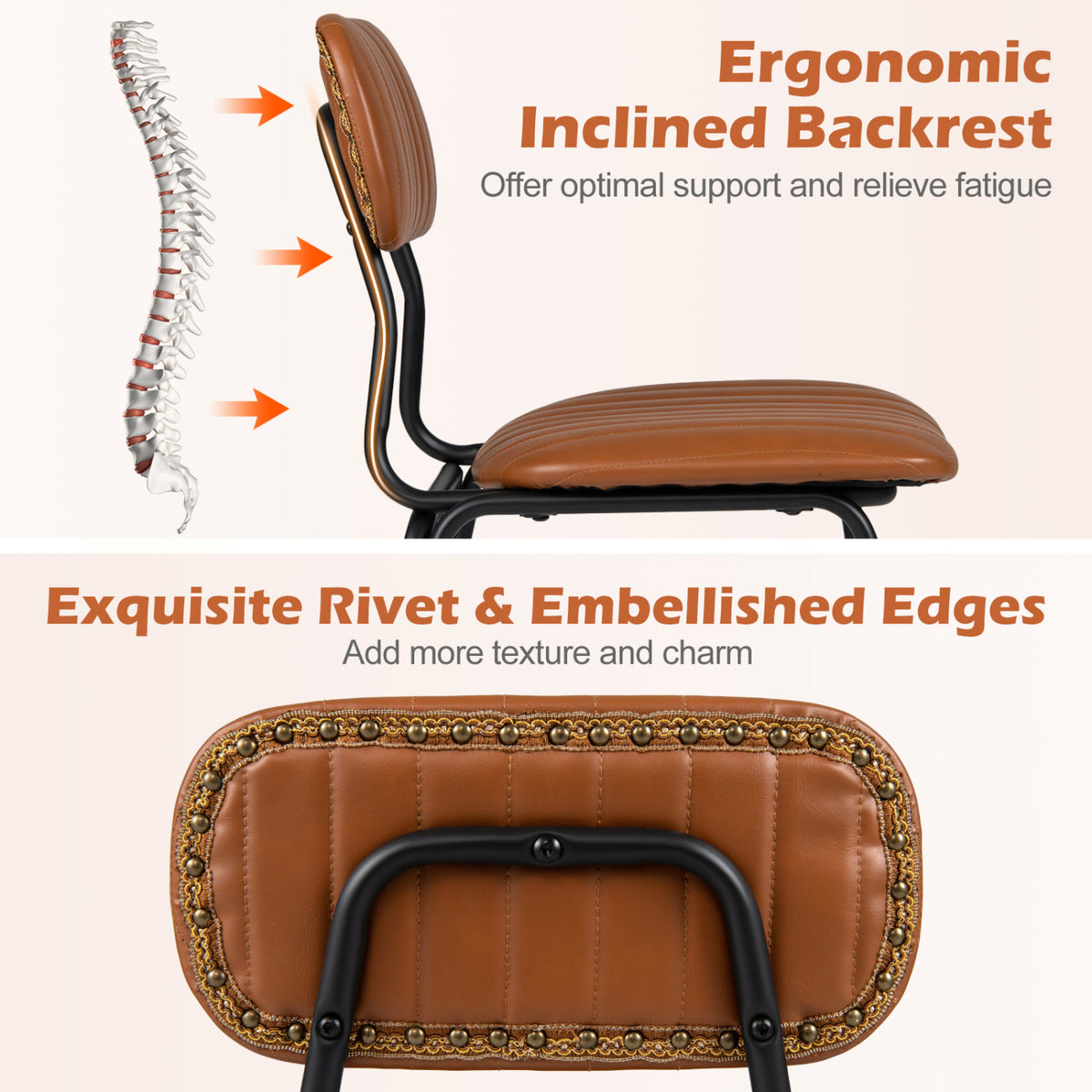 Set of 2 Modern Dining Chairs with Ergonomic Back Metal Legs Exquisite Rivet and Embellished Edges-Brown