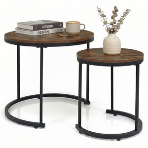 Set of 2 Modern Round Stacking Nesting Coffee Tables for Living Room-Rustic Brown