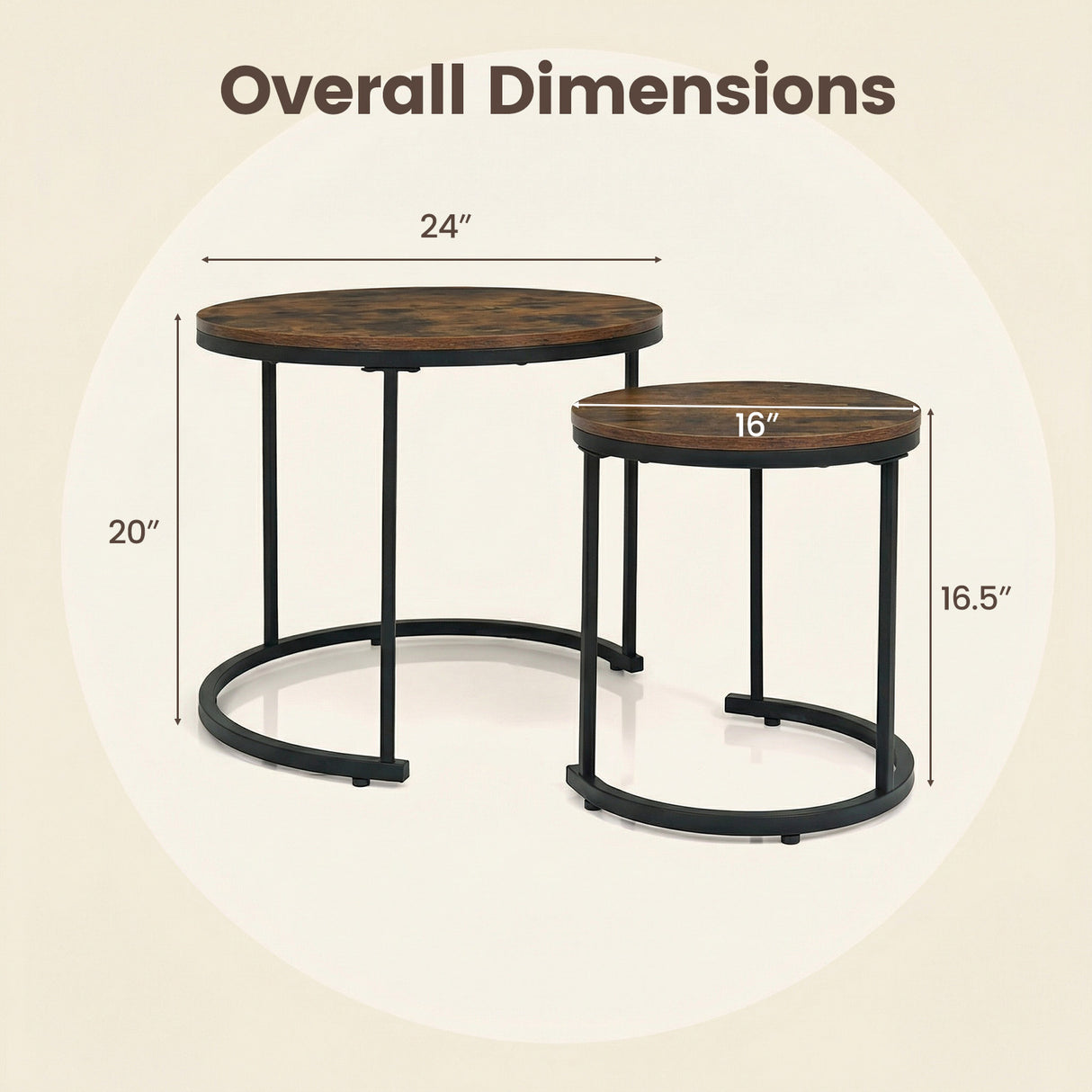 Set of 2 Modern Round Stacking Nesting Coffee Tables for Living Room-Rustic Brown