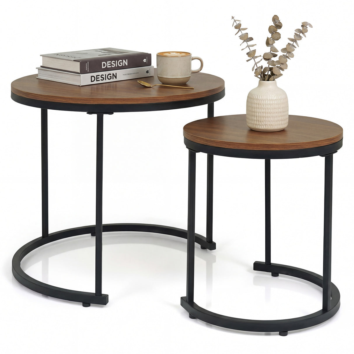 Set of 2 Modern Round Stacking Nesting Coffee Tables for Living Room-Rustic Brown