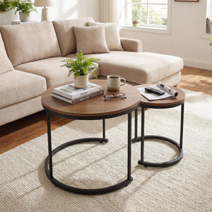 Set of 2 Modern Round Stacking Nesting Coffee Tables for Living Room-Rustic Brown