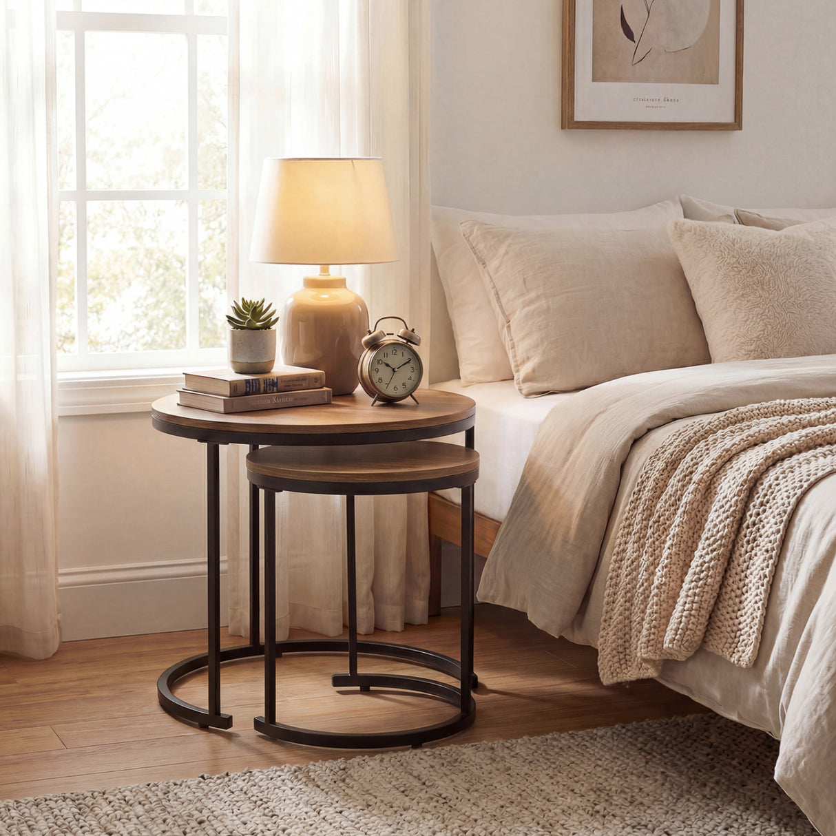 Set of 2 Modern Round Stacking Nesting Coffee Tables for Living Room-Rustic Brown