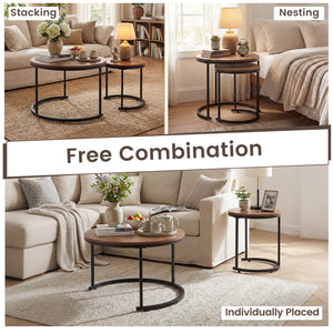 Set of 2 Modern Round Stacking Nesting Coffee Tables for Living Room-Light Brown