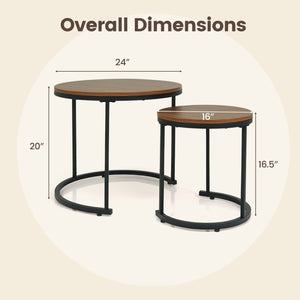 Set of 2 Modern Round Stacking Nesting Coffee Tables for Living Room-Rustic Brown