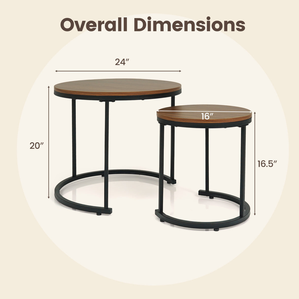 Set of 2 Modern Round Stacking Nesting Coffee Tables for Living Room-Light Brown