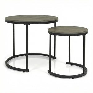 Set of 2 Modern Round Stacking Nesting Coffee Tables-Oak