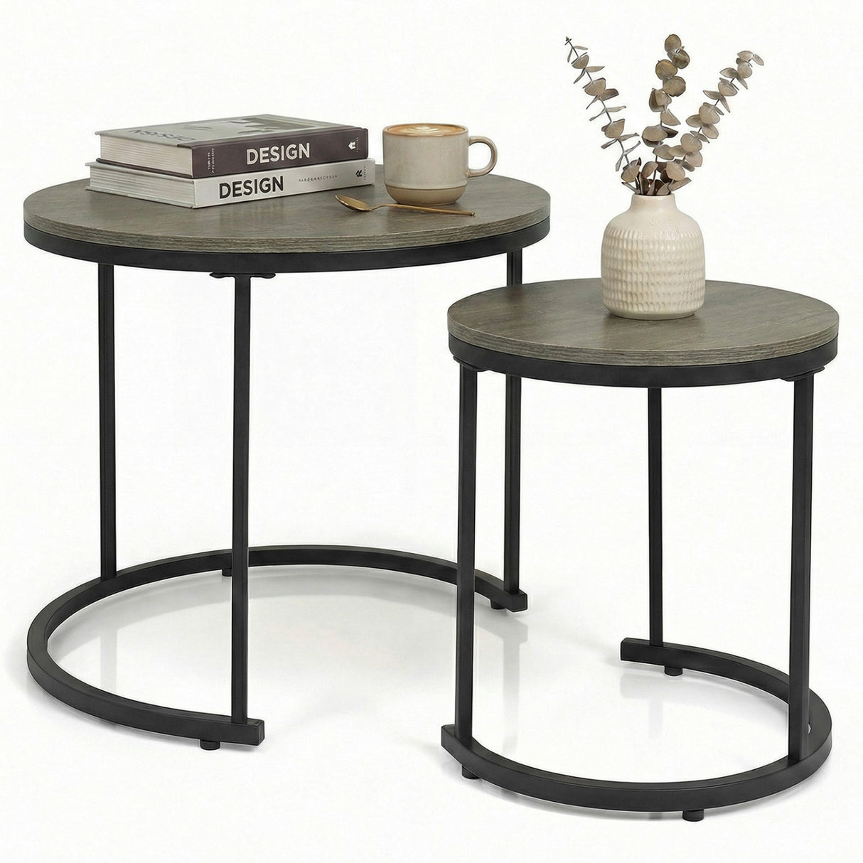 Set of 2 Modern Round Stacking Nesting Coffee Tables-Oak