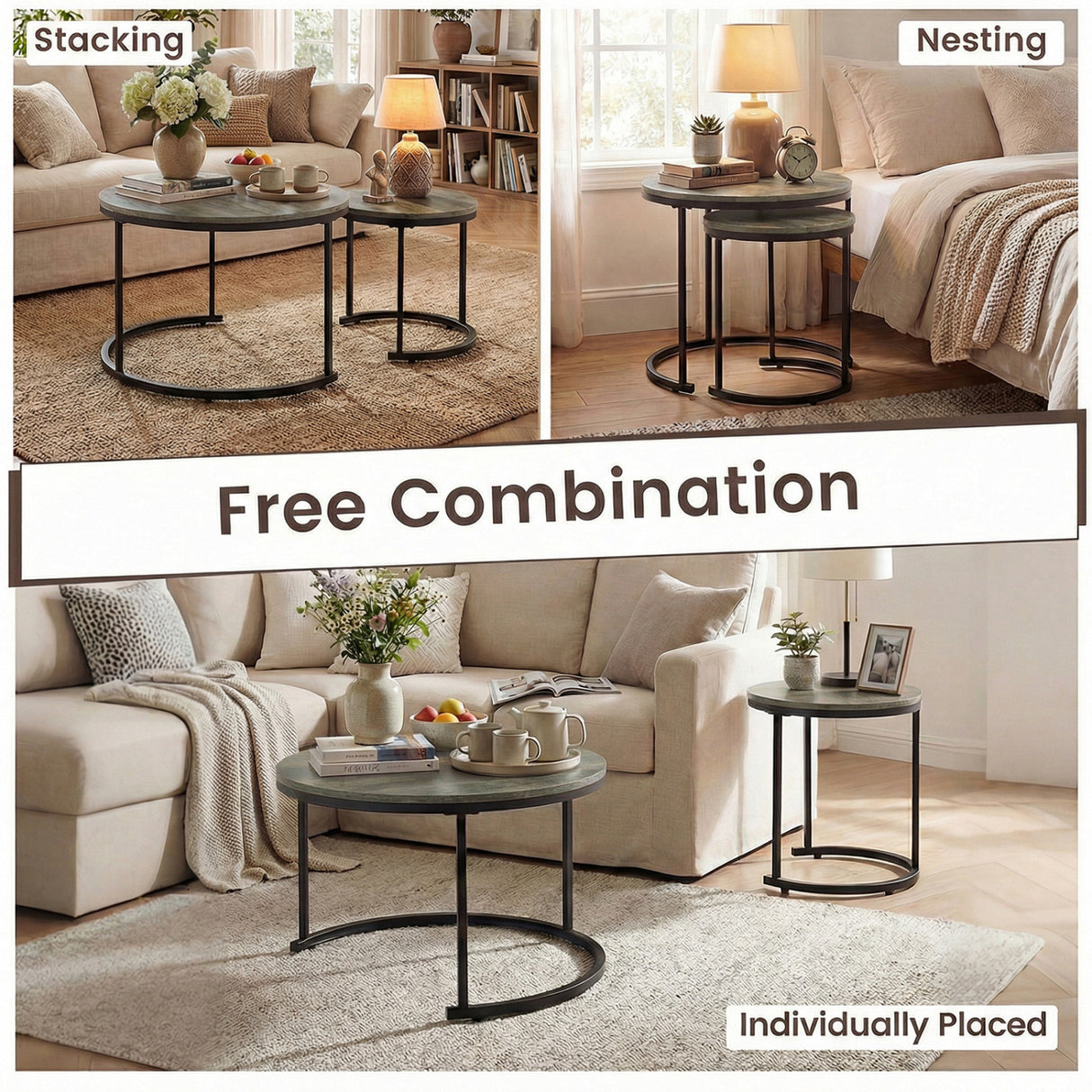 Set of 2 Modern Round Stacking Nesting Coffee Tables-Oak
