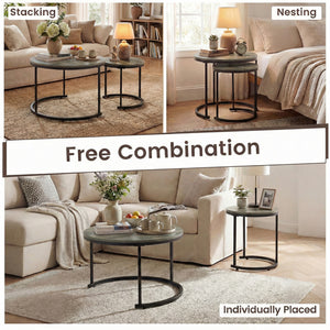 Set of 2 Modern Round Stacking Nesting Coffee Tables-Oak