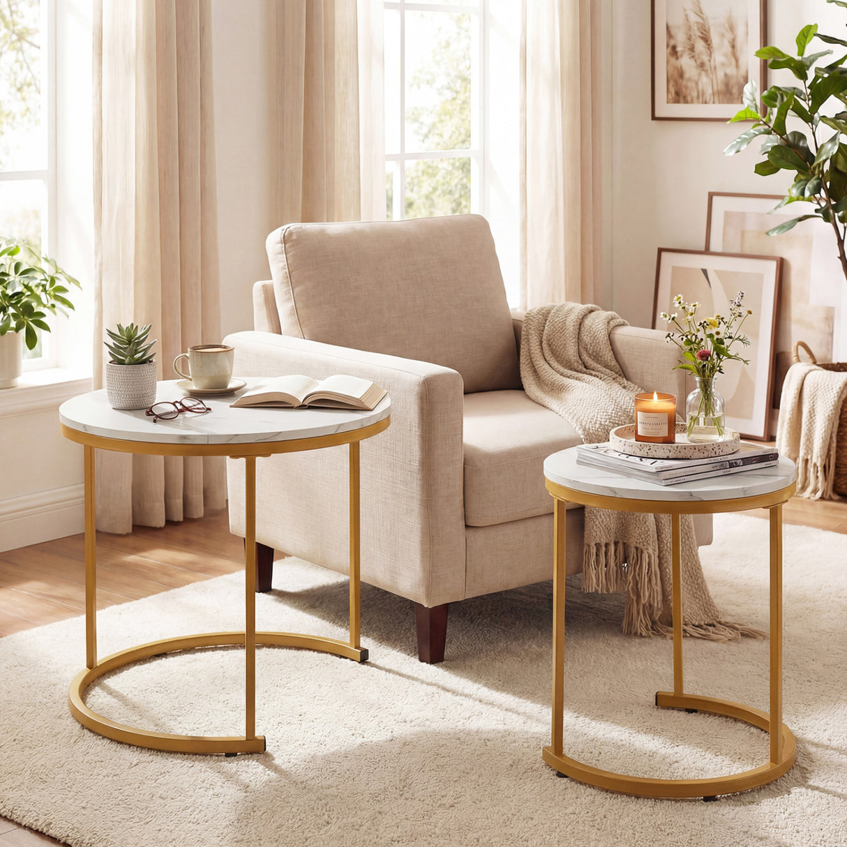 Set of 2 Modern Round Stacking Nesting Coffee Tables-Golden