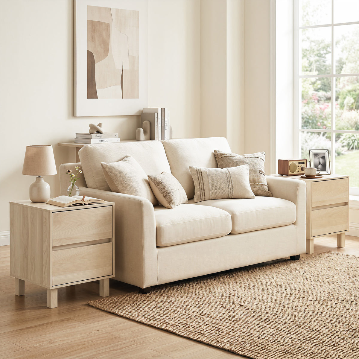 Set of 2 Modern Wooden End Table with 2 Storage Drawers-Natural