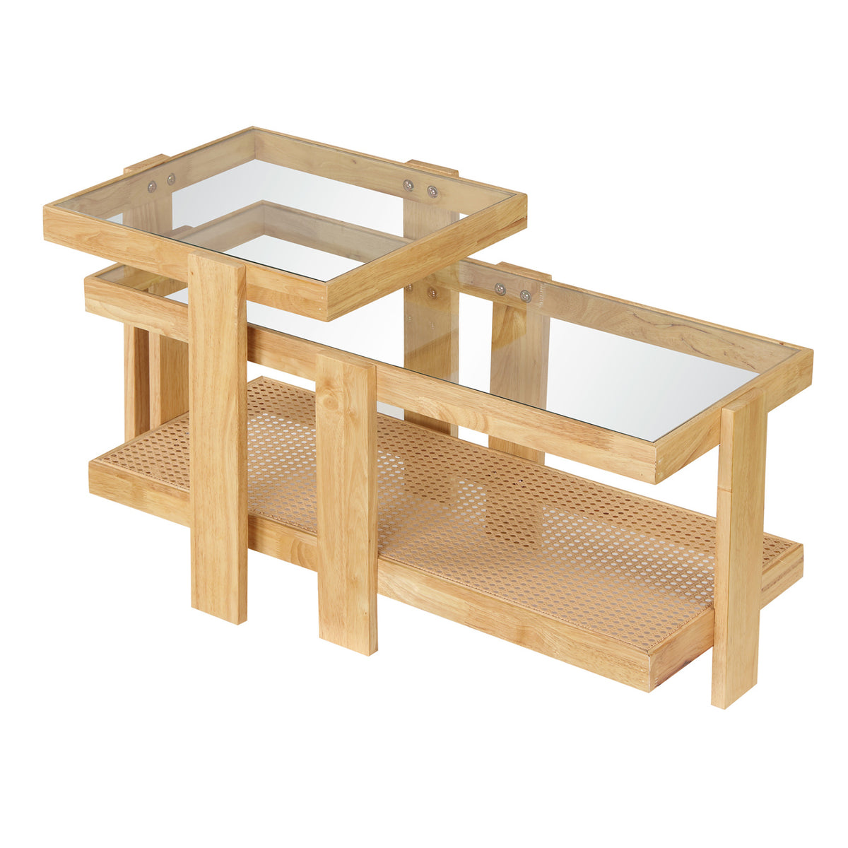 Set of 2 Nesting Coffee Table with Boho Rattan Accent Table-Natural