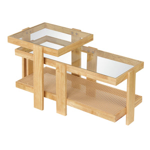 Set of 2 Nesting Coffee Table with Boho Rattan Accent Table-Natural