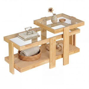 Set of 2 Nesting Coffee Table with Boho Rattan Accent Table-Natural