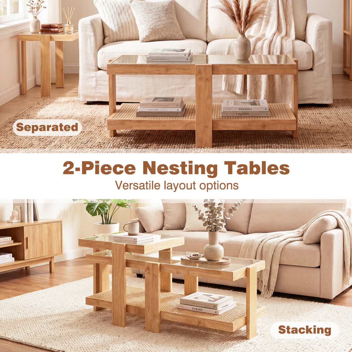 Set of 2 Nesting Coffee Table with Boho Rattan Accent Table-Natural