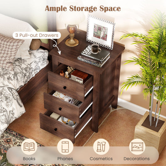 Modern Bedside Cabinet with 3 Drawers for Living Room and Bedroom-Walnut