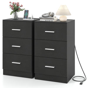 Set of 2 Nightstand with Charging Station End Table with 3 Storage Drawers Bedside Table for Bedroom-Black
