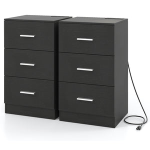 Set of 2 Nightstand with Charging Station End Table with 3 Storage Drawers Bedside Table for Bedroom-Black